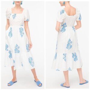 J. Crew White Blue Floral Puff-Sleeve Tiered Sz 8 Midi Dress NWT